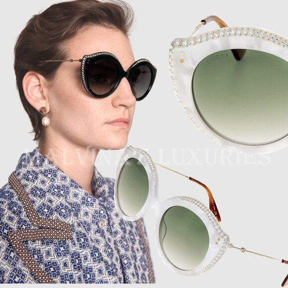 GUCCI SUNGLASSES GG0214S ROUND CAT EYE FRAME CRYSTAL - Picture 1 of 9